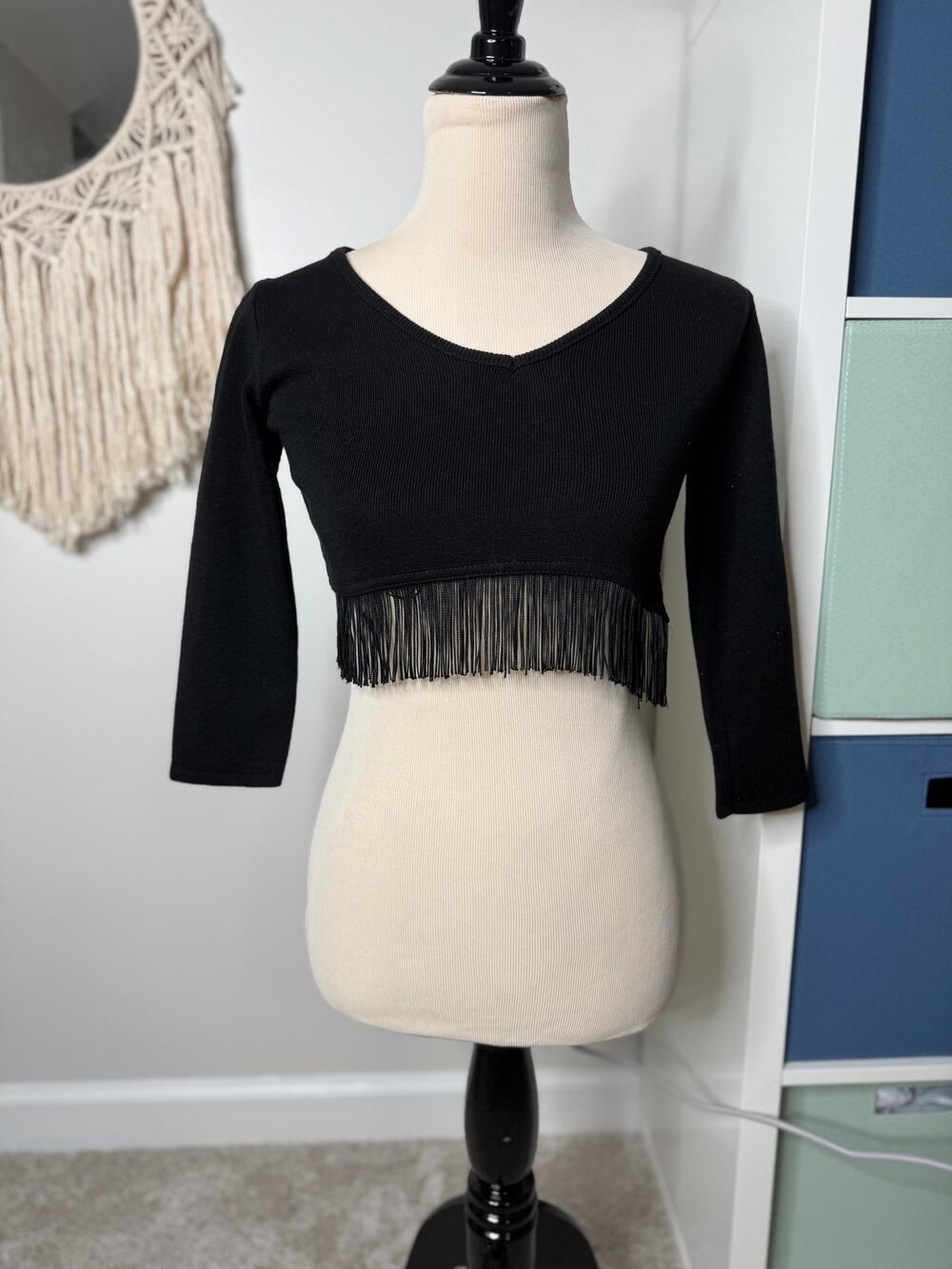 Vintage 2000s Vtg y2k Express Black 3/4 Sleeve Fringe Crop Top S NWT Western